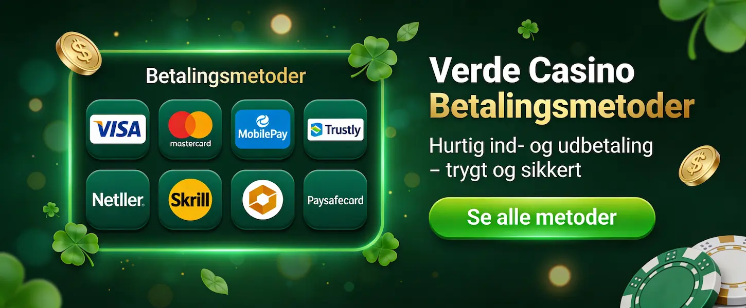 Verde Casino betalingsmetoder – komplet oversigt over ind- og udbetaling med Visa, MobilePay og Trustly.
