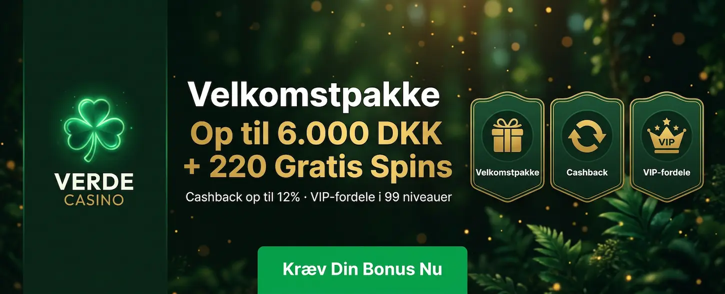 Verde Casino bonusser i Danmark – velkomstpakke med op til 6.000 DKK, cashback og eksklusive VIP-fordele.