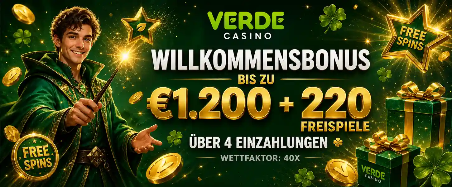 Verde Casino Willkommensbonus - bis zu 1.200 € und 220 Freispiele über 4 Einzahlungen